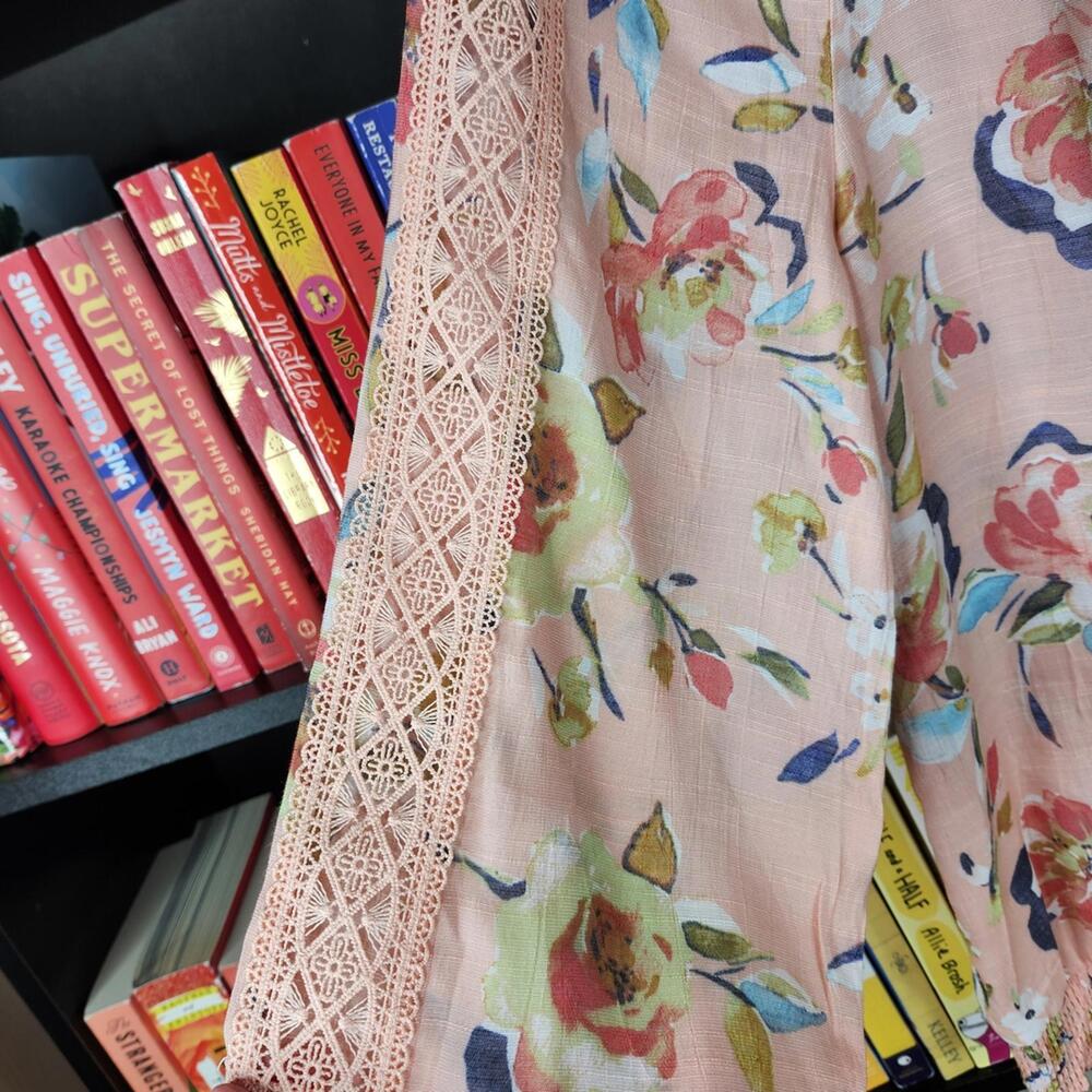 Hope & Harlow Floral Peach Lace Sleeve Blouse Large - Picture 2 of 6